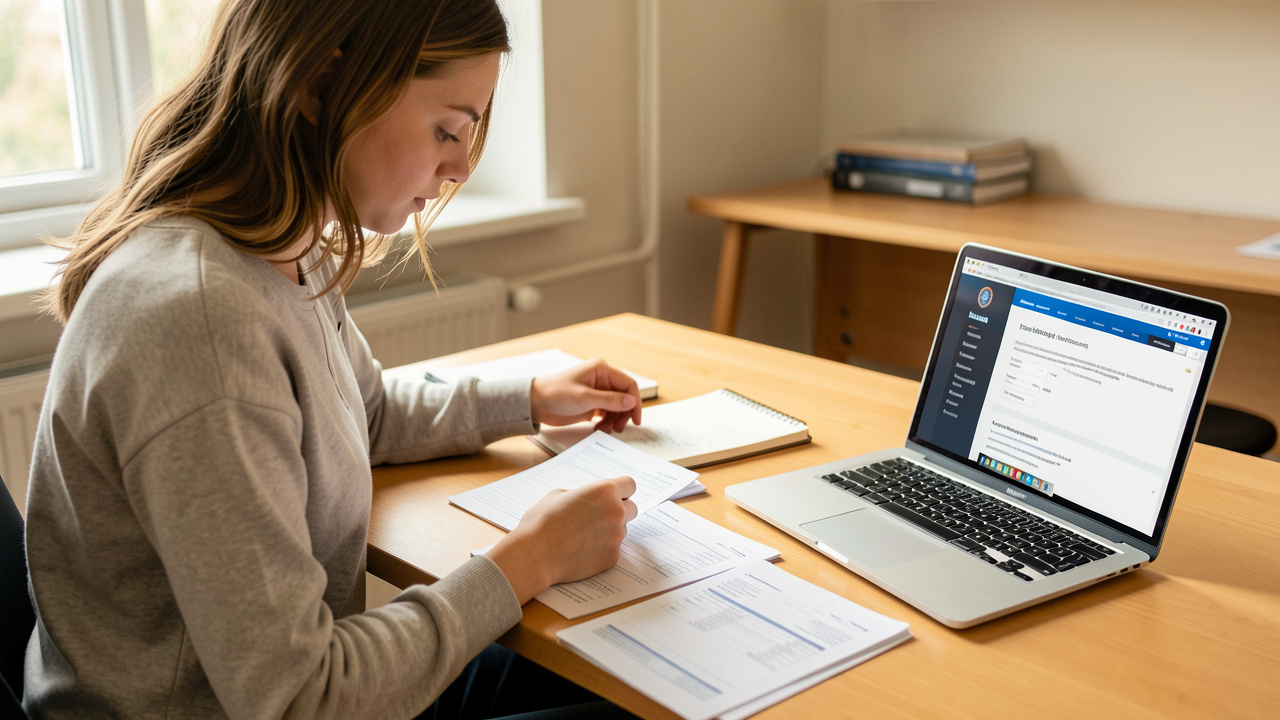 Une jeune étudiante est assise à un bureau lumineux avec un ordinateur ouvert, des documents administratifs et fiscaux vierges, ainsi qu’un carnet de notes.