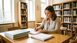 Une femme adulte en reconversion étudie pour un concours d’enseignement dans une bibliothèque lumineuse, avec des dossiers et des manuels scolaires aux couvertures unies sur une table.