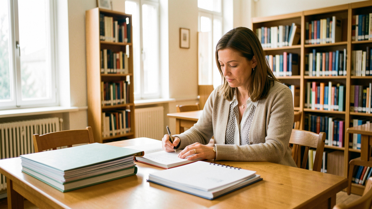Une femme adulte en reconversion étudie pour un concours d’enseignement dans une bibliothèque lumineuse, avec des dossiers et des manuels scolaires aux couvertures unies sur une table.