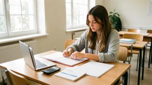 Jeune étudiante assise à une table universitaire avec un ordinateur portable, un dossier administratif, une calculatrice et des documents de bourse dans une ambiance lumineuse.