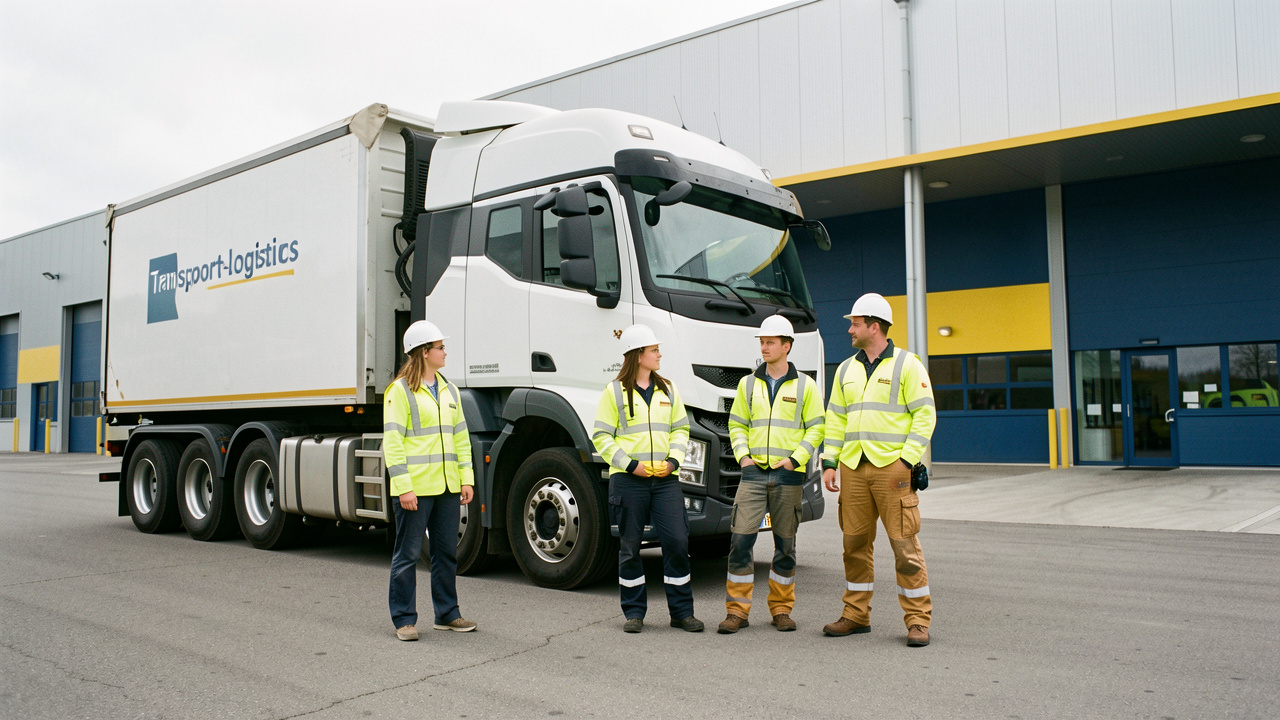 Quatre élèves en tenue de sécurité se tiennent devant un camion poids lourd et un entrepôt moderne d’un centre de formation transport-logistique à Arques.