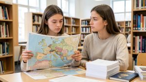 Une jeune étudiante française consulte une carte de l’Europe et des documents vierges dans une bibliothèque universitaire européenne lumineuse.