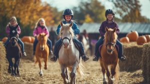 Jeunes cavaliers à cheval pendant un stage d’équitation encadré par une monitrice.